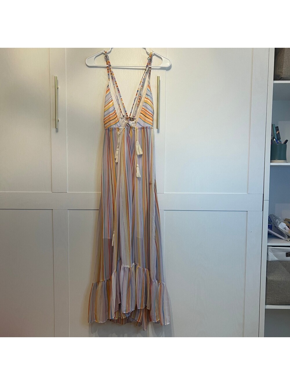 Free People These Days Maxi Dress XS Carnival Combo Striped Tassel Boho